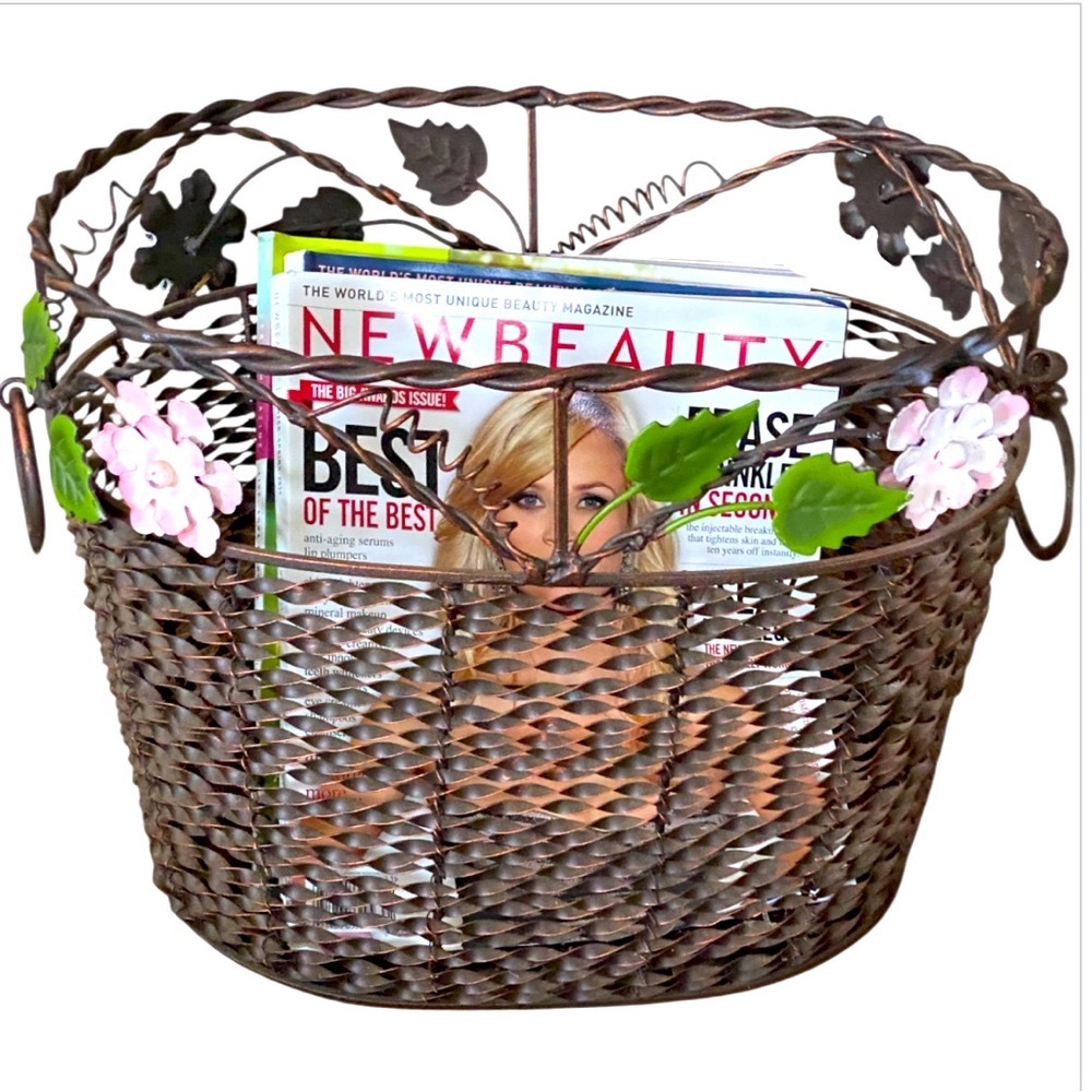 Woven Bronze Retro Metal Magazine Basket with Pretty Floral Accents